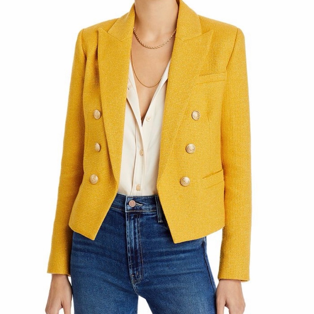 NEW L’AGENCE Brooke Double-Breasted Crop Tweed Blazer in Citrine/Gold